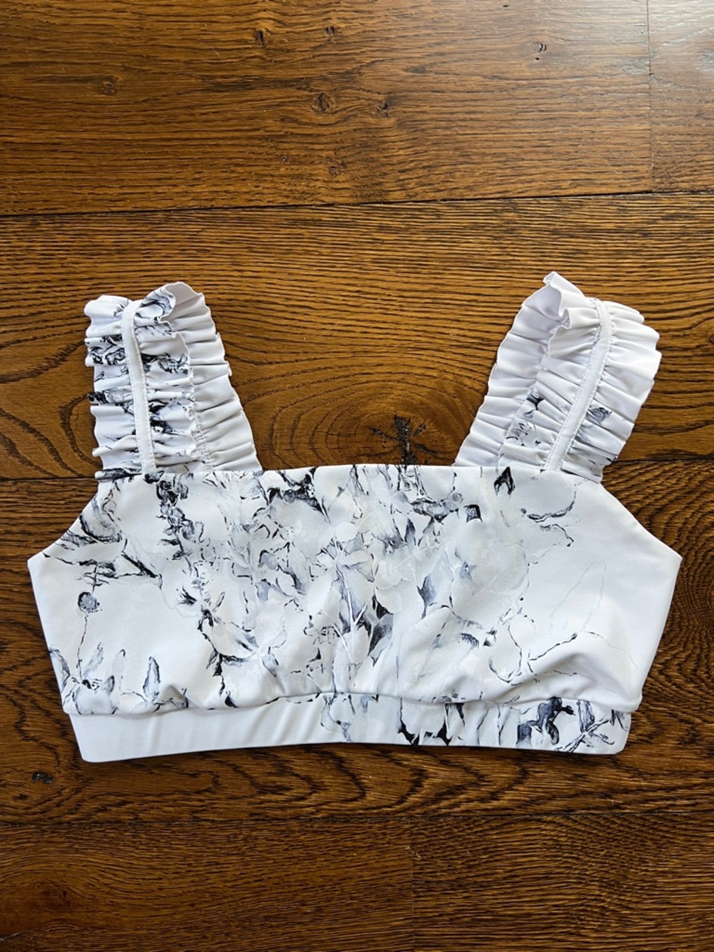 Carbon38 Marble Print Ruffle Strap Sports Bra